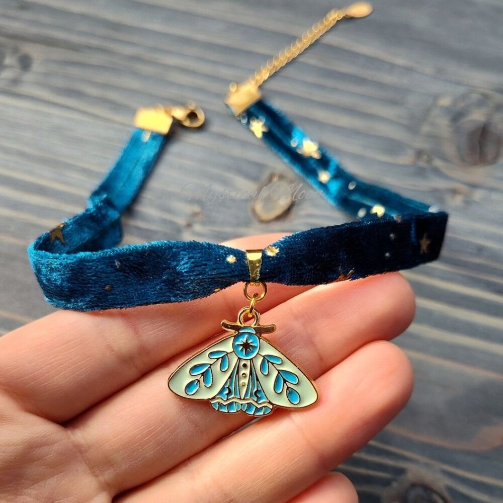 Night Sky Celestial Stars Blue Velvet Choker Necklace with Moth Charm Pendant
